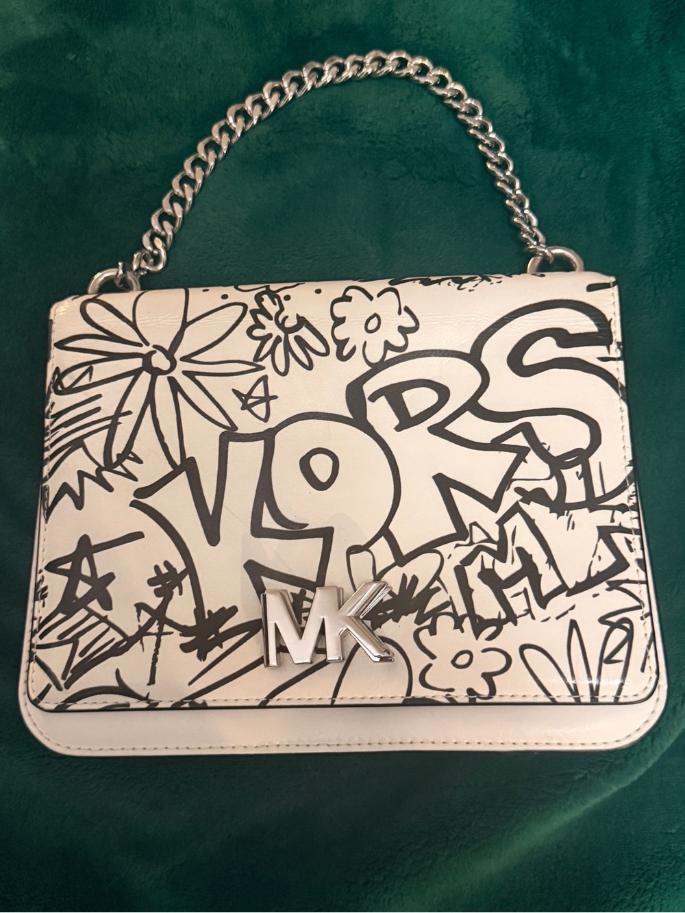 Michael Kors White Shoulder Bag with Black Graffiti Print and Silver Chain